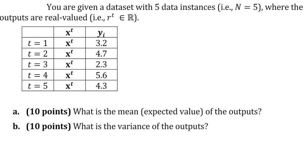 You are given a dataset with 5 data instances (i.e., N = 5), where the outputs are real-valued (i.e., r =R).