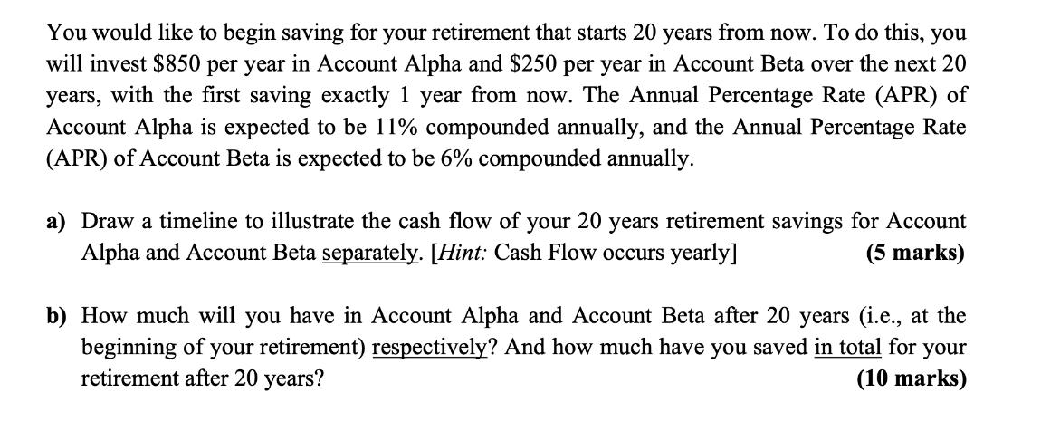 You would like to begin saving for your retirement that starts 20 years from now. To do this, you will invest