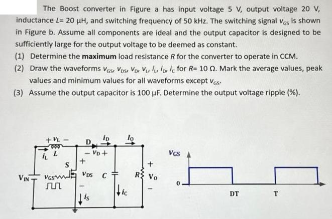 The Boost converter in Figure a has input voltage 5 V, output voltage 20 V, inductance L= 20 H, and switching