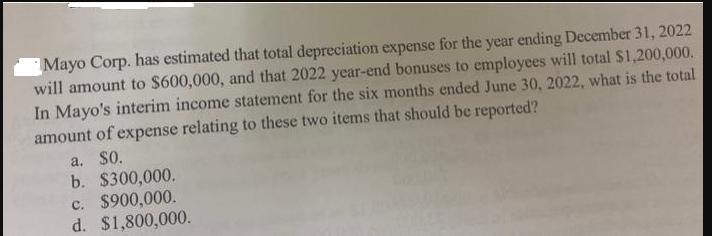 Mayo Corp. has estimated that total depreciation expense for the year ending December 31, 2022 will amount to