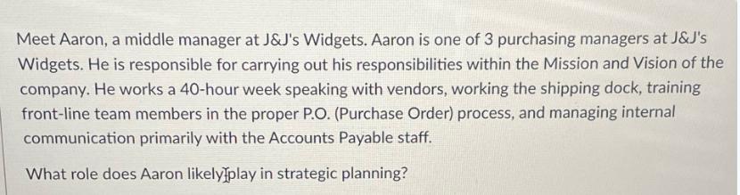 Meet Aaron, a middle manager at J&J's Widgets. Aaron is one of 3 purchasing managers at J&J's Widgets. He is