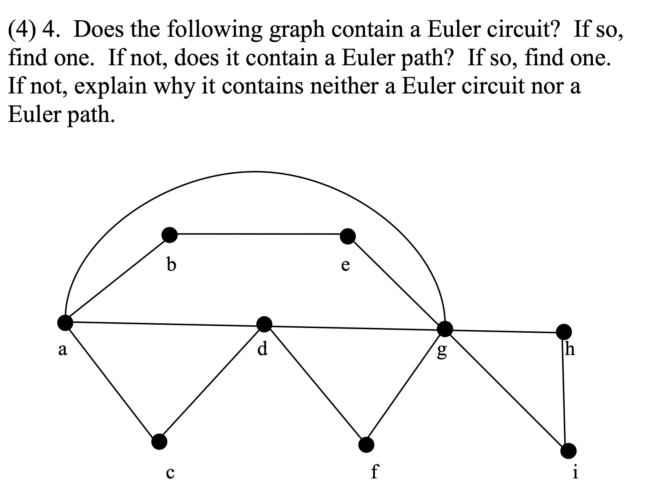 (4) 4. Does the following graph contain a Euler circuit? If so, find one. If not, does it contain a Euler