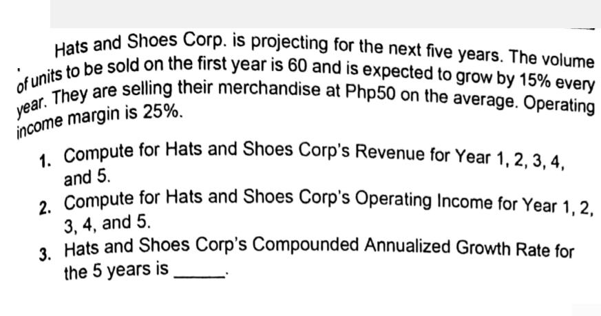 Hats and Shoes Corp. is projecting for the next five years. The volume of units to be sold on the first year
