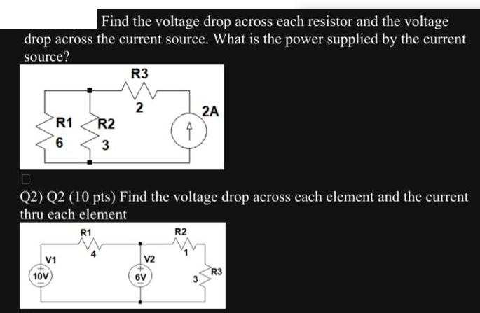 Find the voltage drop across each resistor and the voltage drop across the current source. What is the power