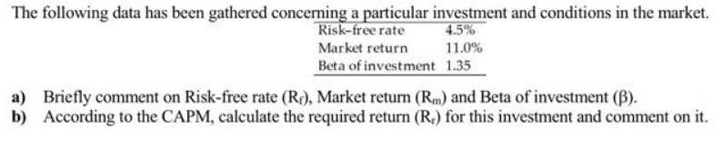 The following data has been gathered concerning a particular investment and conditions in the market. 4.5%