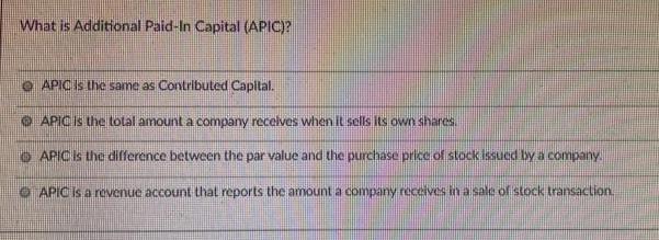 What is Additional Paid-In Capital (APIC)? APIC is the same as Contributed Capital. APIC is the total amount
