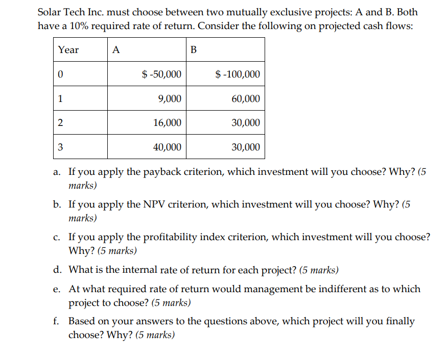 Solar Tech Inc. must choose between two mutually exclusive projects: A and B. Both have a 10% required rate