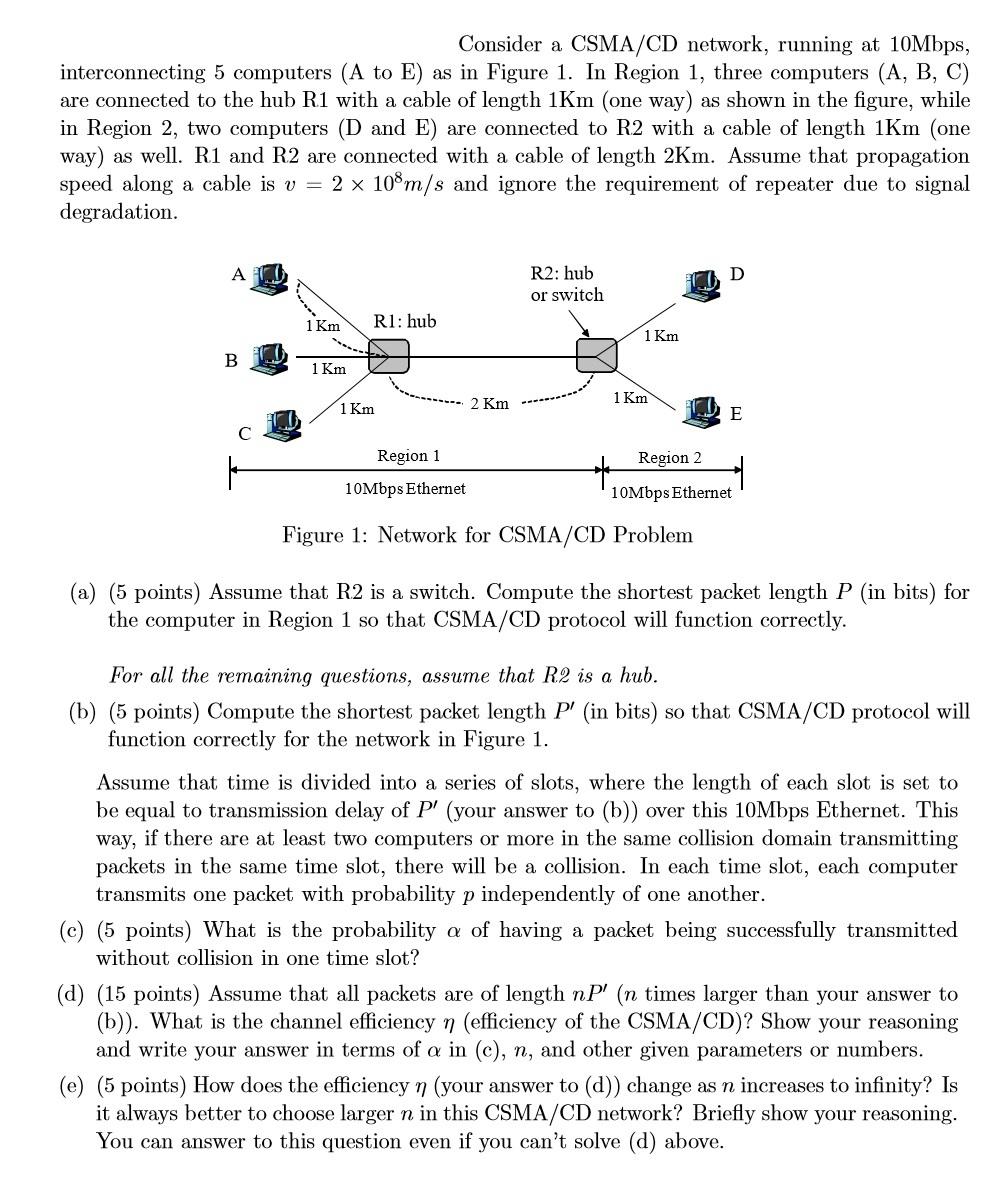 Consider a CSMA/CD network, running at 10Mbps, interconnecting 5 computers (A to E) as in Figure 1. In Region