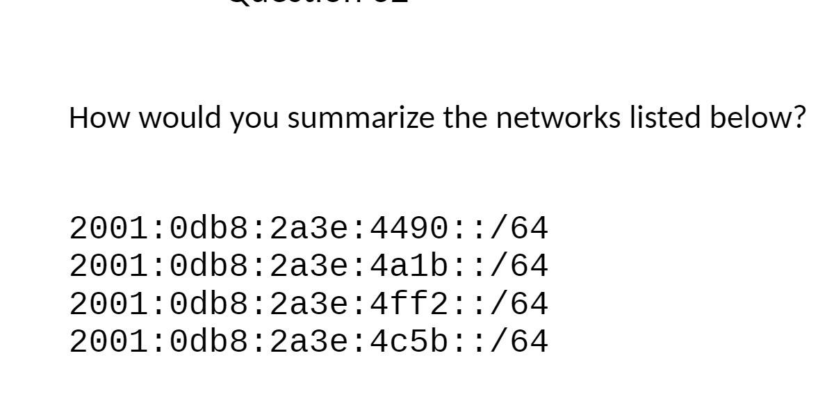 How would you summarize the networks listed below? 2001:0db8:2a3e: 4490::/64 2001:0db8:2a3e:4a1b::/64