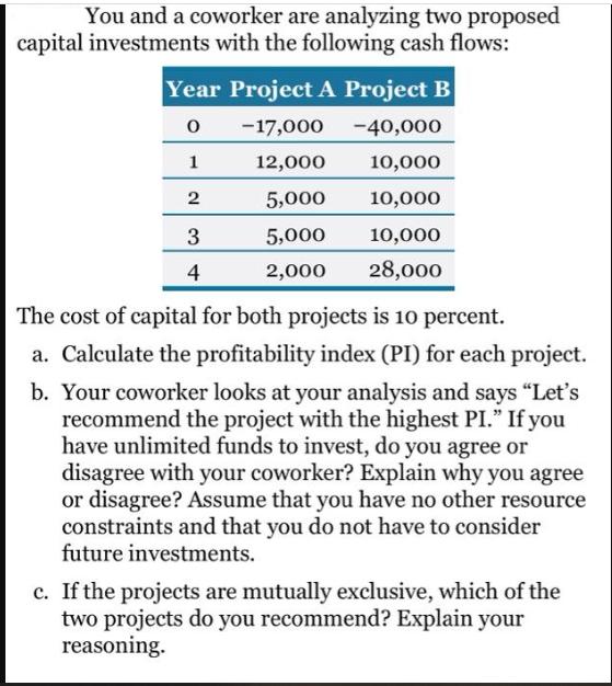 You and a coworker are analyzing two proposed capital investments with the following cash flows: Year Project