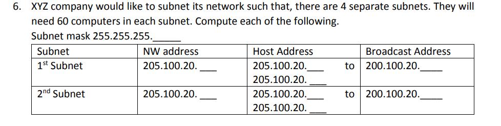 6. XYZ company would like to subnet its network such that, there are 4 separate subnets. They will need 60
