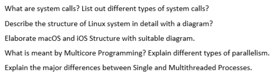 What are system calls? List out different types of system calls? Describe the structure of Linux system in