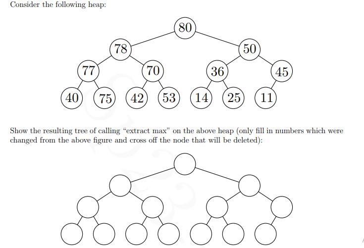 Consider the following heap: 40 77 78 70 80 36 75) 42 (53) 14 25 50 11 45 Show the resulting tree of calling