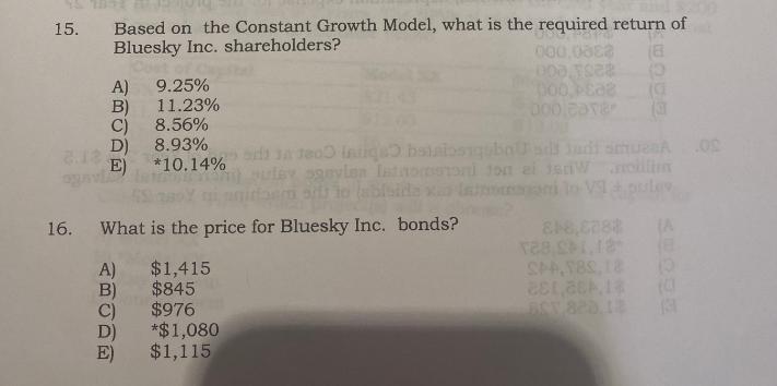 15. 1.13 og Based on the Constant Growth Model, what is the required return of Bluesky Inc. shareholders?