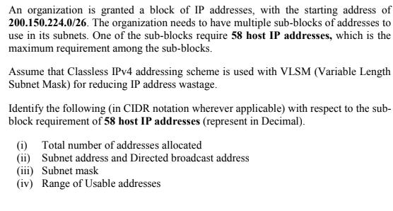 An organization is granted a block of IP addresses, with the starting address of 200.150.224.0/26. The