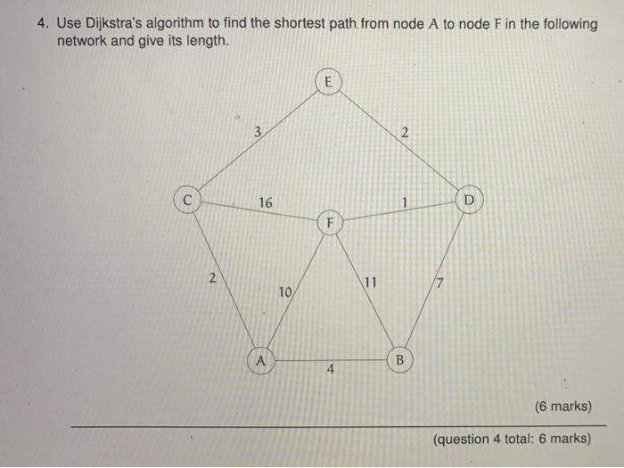 4. Use Dijkstra's algorithm to find the shortest path. from node A to node F in the following network and