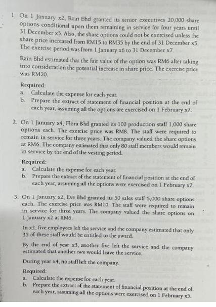1. On 1 January x2, Rain Bhd granted its senior executives 20,000 share options conditional upon them