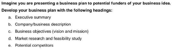 Imagine you are presenting a business plan to potential funders of your business idea. Develop your business
