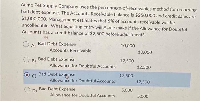 Acme Pet Supply Company uses the percentage-of-receivables method for recording bad debt expense. The
