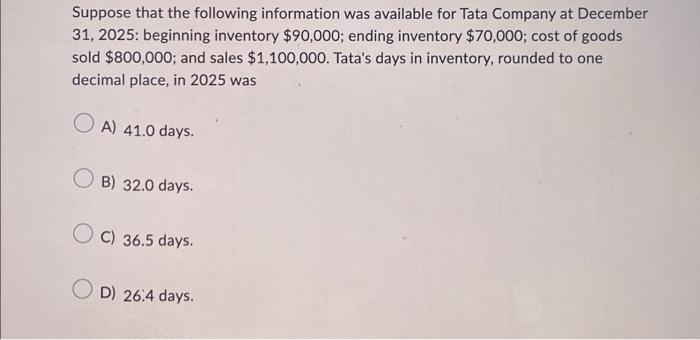 Suppose that the following information was available for Tata Company at December 31, 2025: beginning