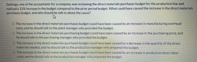 Santiago, one of the accountants for a company, was reviewing the direct materials purchases budget for the