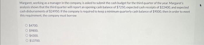 Margaret, working as a manager in the company, is asked to submit the cash budget for the third quarter of