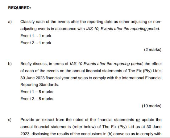 REQUIRED: a) b) Classify each of the events after the reporting date as either adjusting or non- adjusting