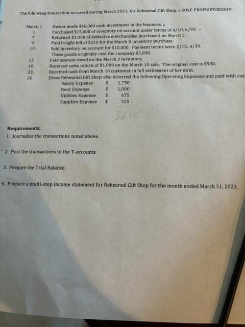 The following transaction occurred during March 2023, for Rehearsal Gift Shop, a SOLE PROPRIETORSHIP: Owner