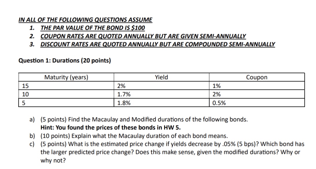 IN ALL OF THE FOLLOWING QUESTIONS ASSUME 1. THE PAR VALUE OF THE BOND IS $100 2. COUPON RATES ARE QUOTED