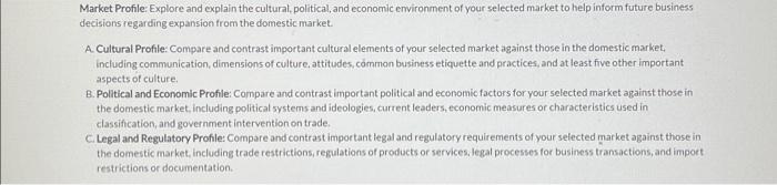 Market Profile: Explore and explain the cultural, political, and economic environment of your selected market