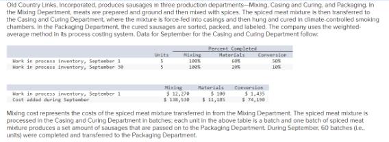 Old Country Links, Incorporated, produces sausages in three production departments-Mixing, Casing and Curing,