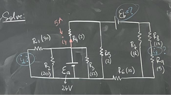 Solve: G R (30) MM (20) 5A (4 R4 (2) Ea 24V &b=? R1 (18) R6 (10) M M