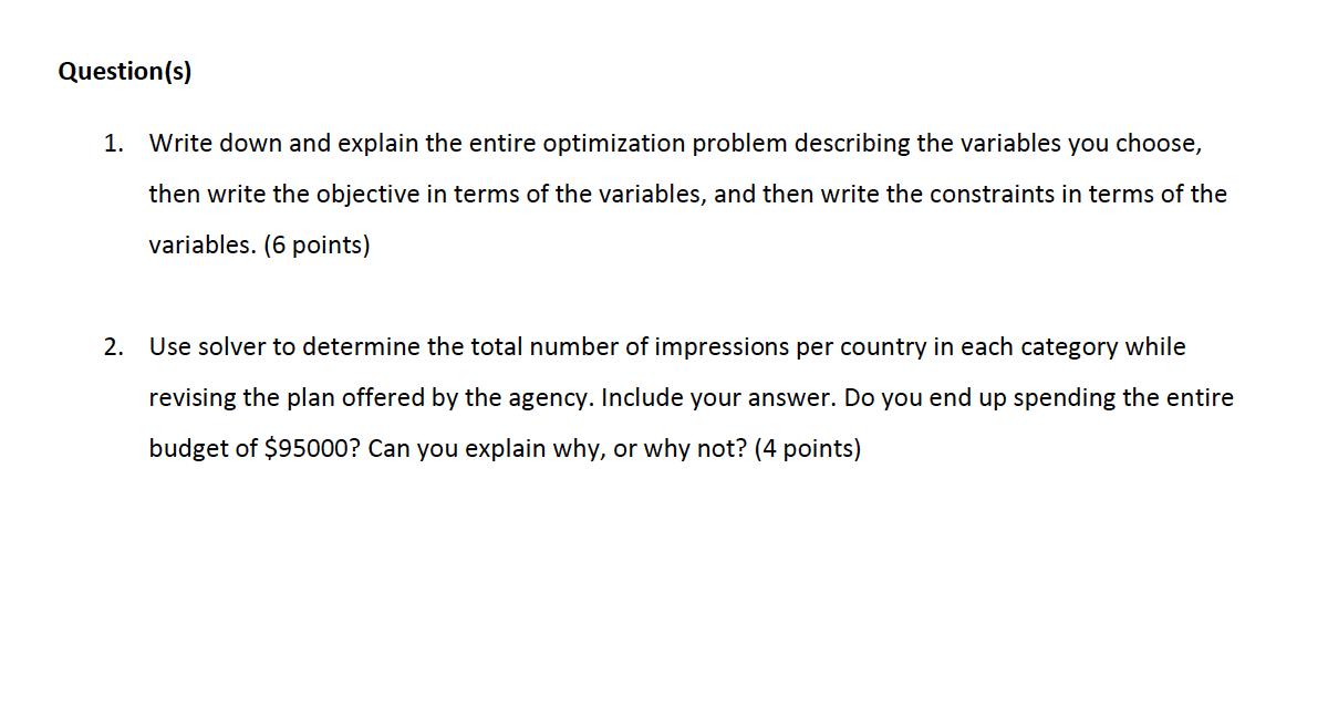 Question(s) 1. Write down and explain the entire optimization problem describing the variables you choose,