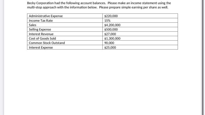 Becky Corporation had the following account balances. Please make an income statement using the multi-stop