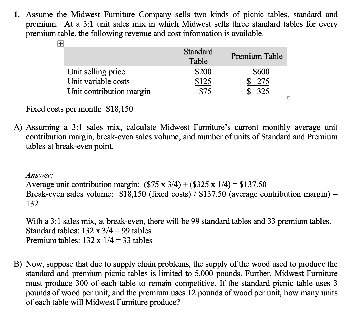 1. Assume the Midwest Furniture Company sells two kinds of picnic tables, standard and premium. At a 3:1 unit