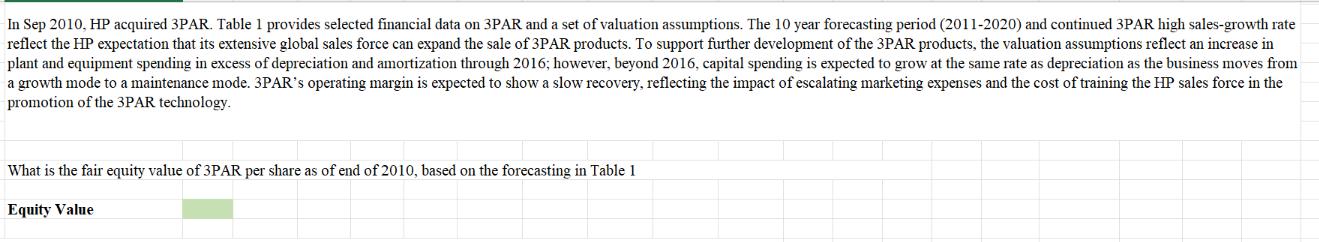 In Sep 2010, HP acquired 3PAR. Table 1 provides selected financial data on 3PAR and a set of valuation