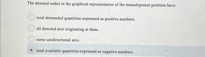 The demand nodes in the graphical representation of the transshipment problem have total demanded quantities