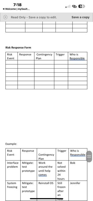 7:18 Welcome | mySault... Read Only - Save a copy to edit. Risk Response Form Risk Response Contingency