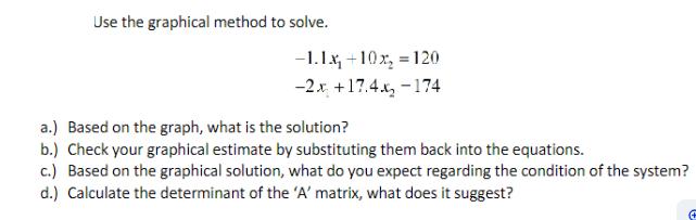 Use the graphical method to solve. -1.1x+10x=120 -2x +17.4x-174 a.) Based on the graph, what is the solution?