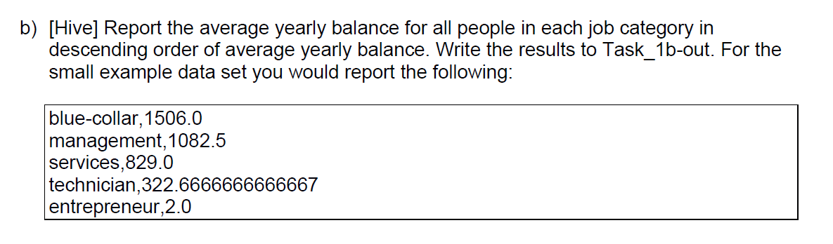 b) [Hive] Report the average yearly balance for all people in each job category in descending order of
