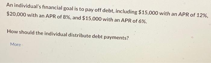 An individual's financial goal is to pay off debt, including $15,000 with an APR of 12%, $20,000 with an APR