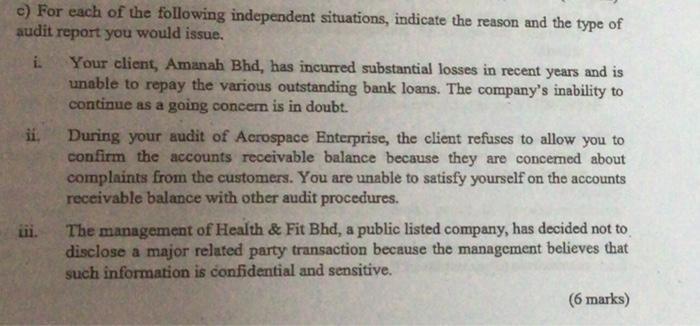 c) For each of the following independent situations, indicate the reason and the type of audit report you