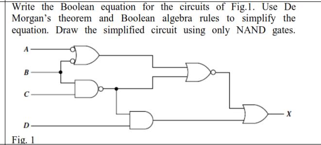 Write the Boolean equation for the circuits of Fig.1. Use De Morgan's theorem and Boolean algebra rules to
