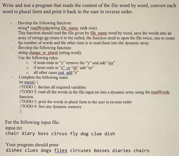 Write and test a program that reads the content of the file word by word, convert each word to plural form