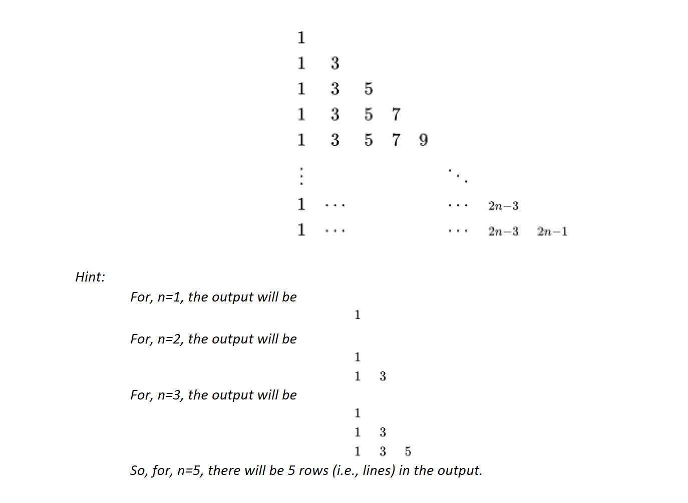 Hint:  For, n=1, the output will be For, n=2, the output will be 1 1 1 1 1 For, n=3, the output will be 1 1 3