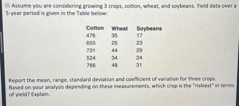 Assume you are considering growing 3 crops, cotton, wheat, and soybeans. Yield data over a 5-year period is