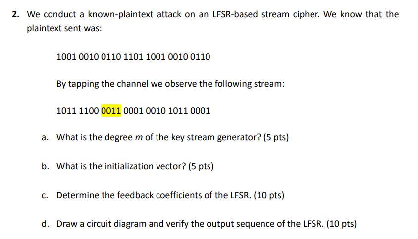 2. We conduct a known-plaintext attack on an LFSR-based stream cipher. We know that the plaintext sent was: