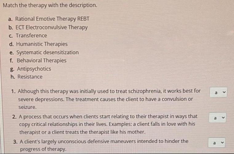 Match the therapy with the description. a. Rational Emotive Therapy REBT b. ECT Electroconvulsive Therapy c.