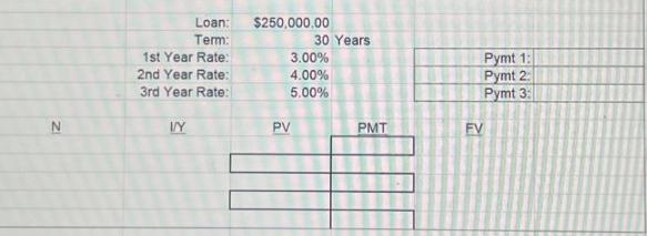 N Loan: Term: 1st Year Rate: 2nd Year Rate: 3rd Year Rate: VY $250,000.00 30 Years 3.00% 4.00% 5.00% PV PMT