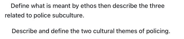 Define what is meant by ethos then describe the three related to police subculture. Describe and define the
